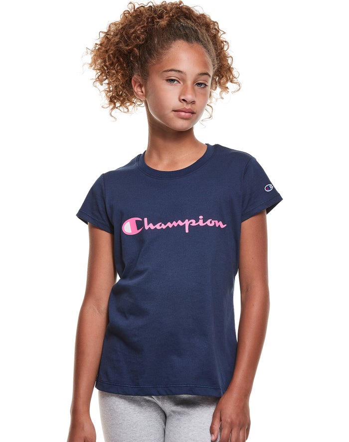 Champion T-Shirt Meisjes - Donkerblauw - Classic Script Logo ( 743891-HUB )